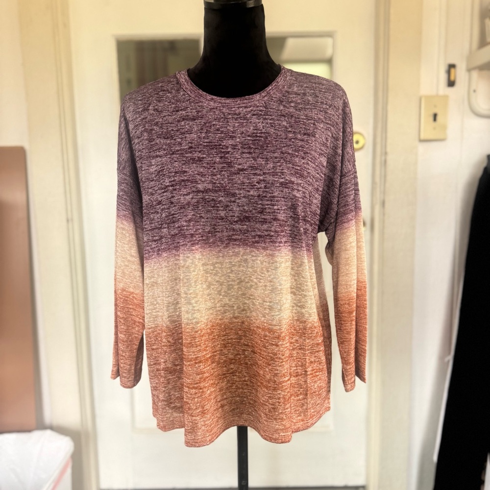 Bobeau long sleeve ombré knit top in purple, cream, and rust tones.